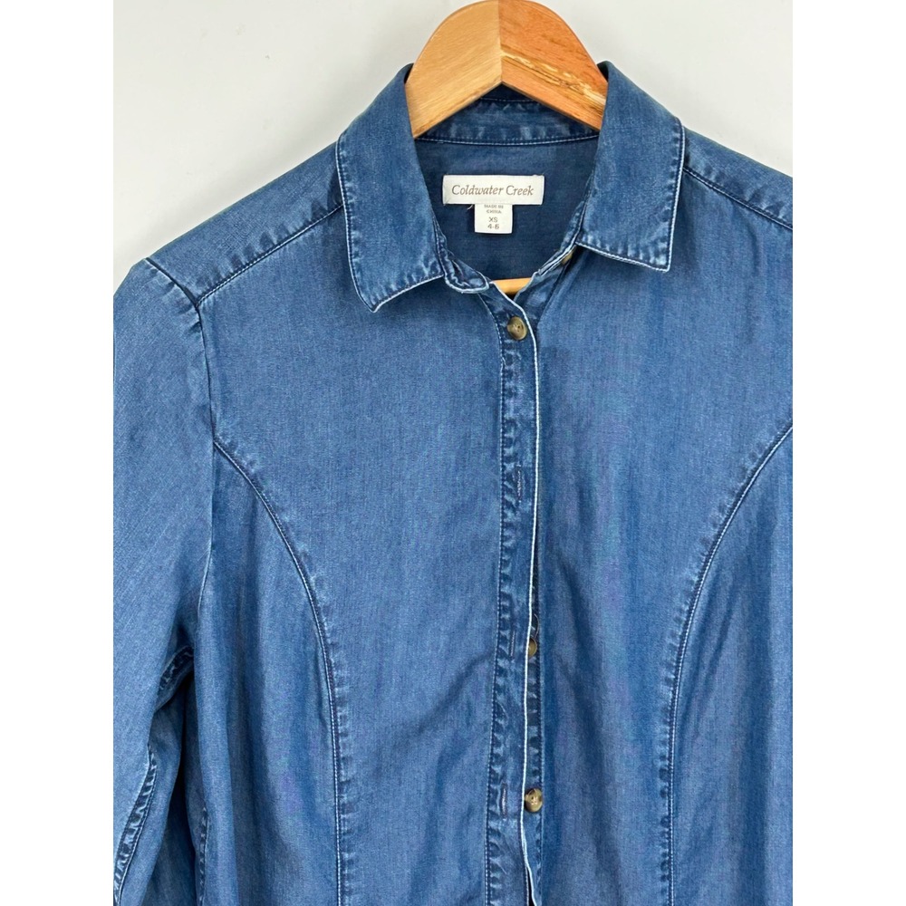 Coldwater Creek Womens Denim Shirt Tencel Lyocell Blue‎ Long Sleeve Button Up XS - Picture 2 of 8